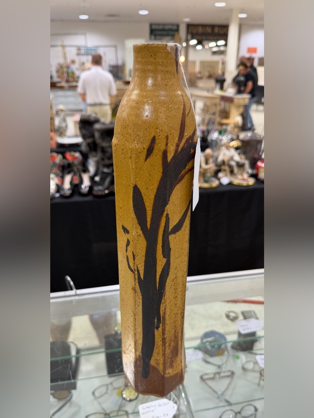 Mid century  Pottery Studio Art Vase Floral Stoneware Speckled Handmade 16in sig
